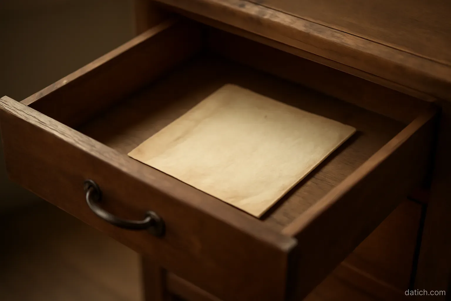 a drawer pulled half open showing an old document lying face down inside it