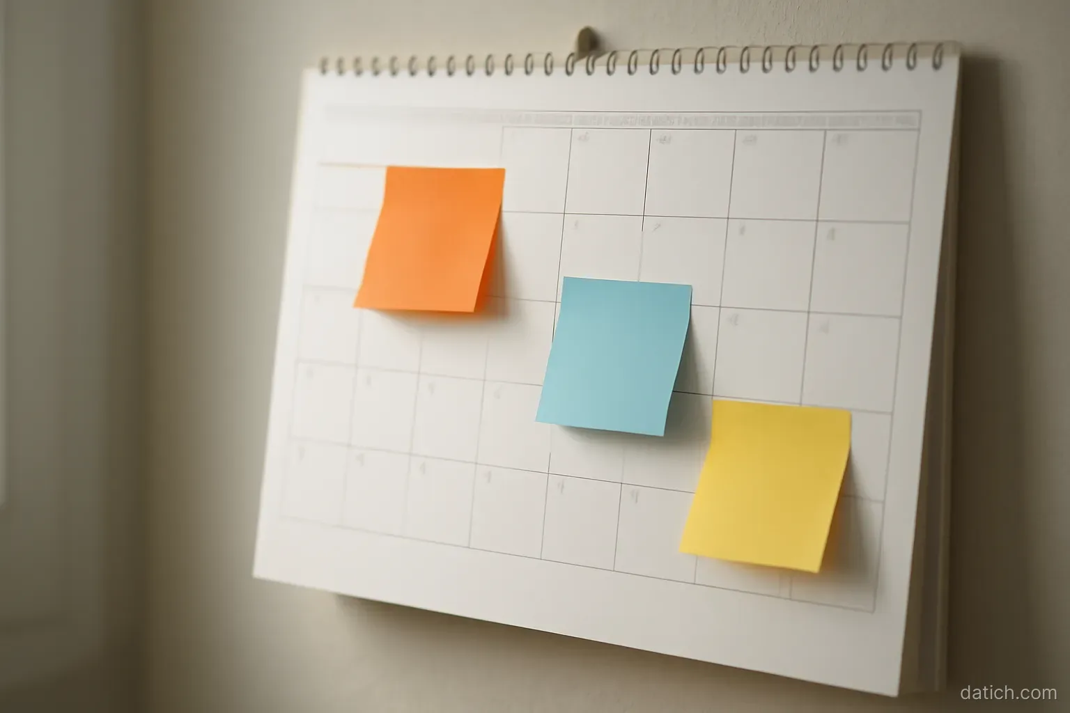 a wall calendar with three different coloured stickers placed on separate months