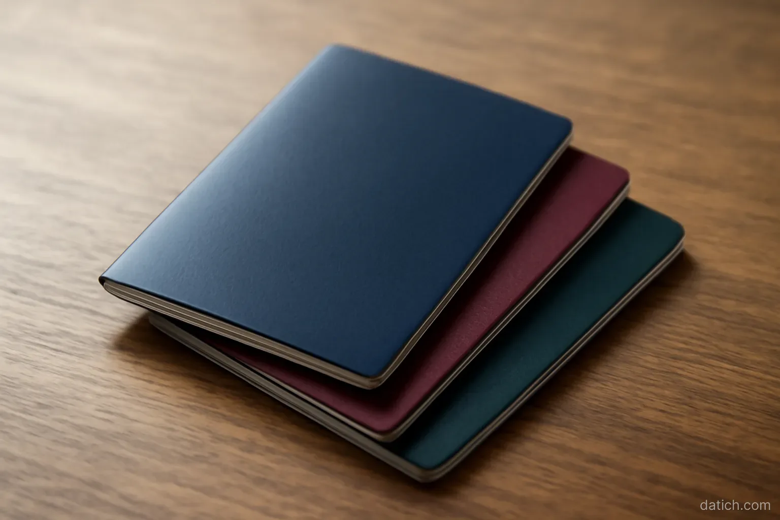 three passports of different colours stacked slightly offset on a wooden desk