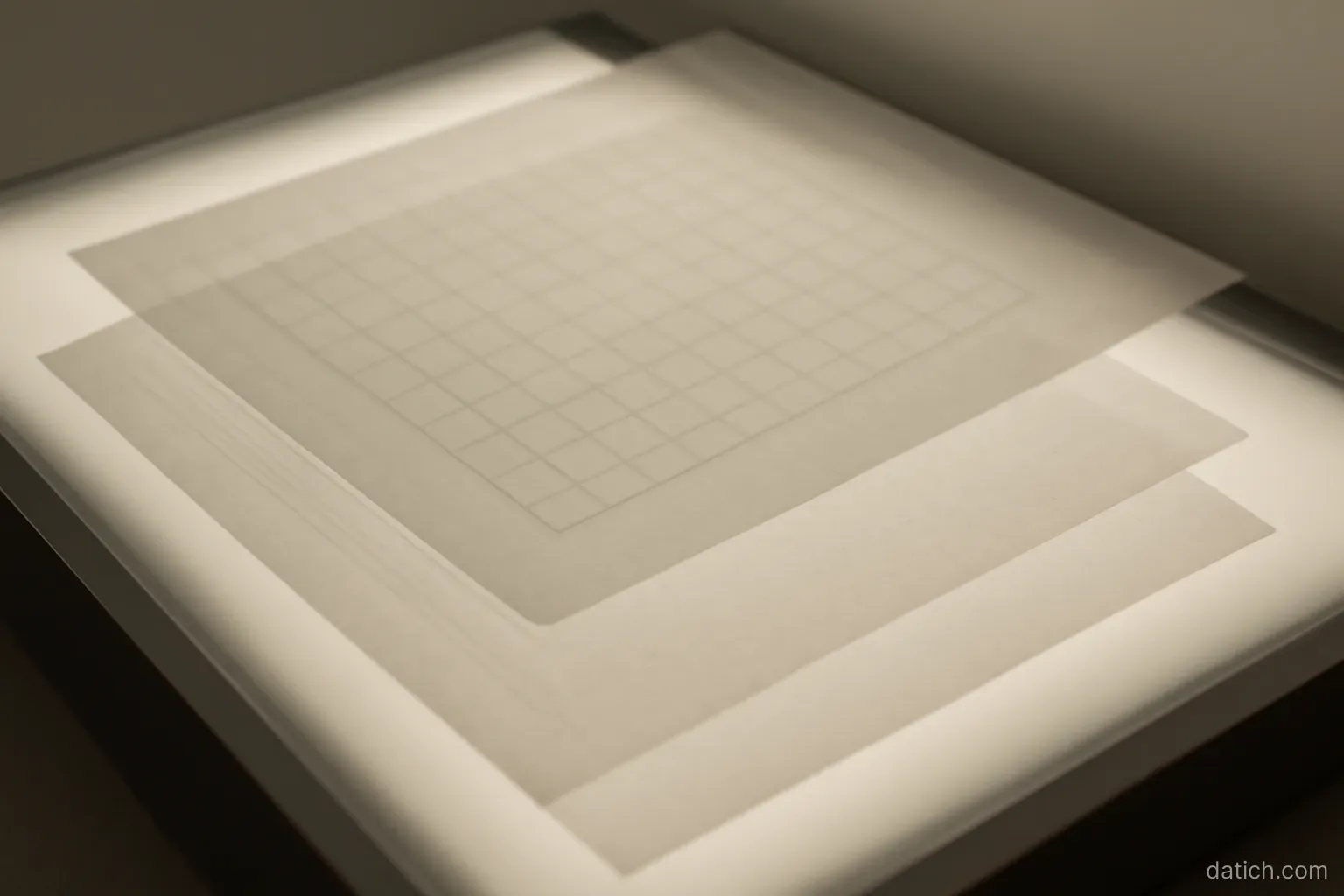 three transparent sheets stacked on a light box with different markings on each