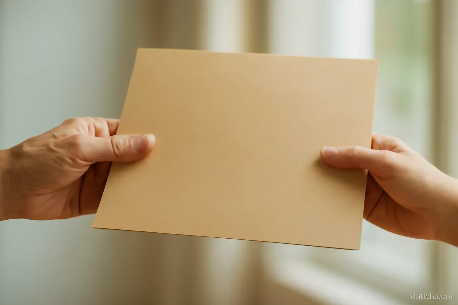 an older hand and a younger hand together holding opposite edges of a thin cardboard folder