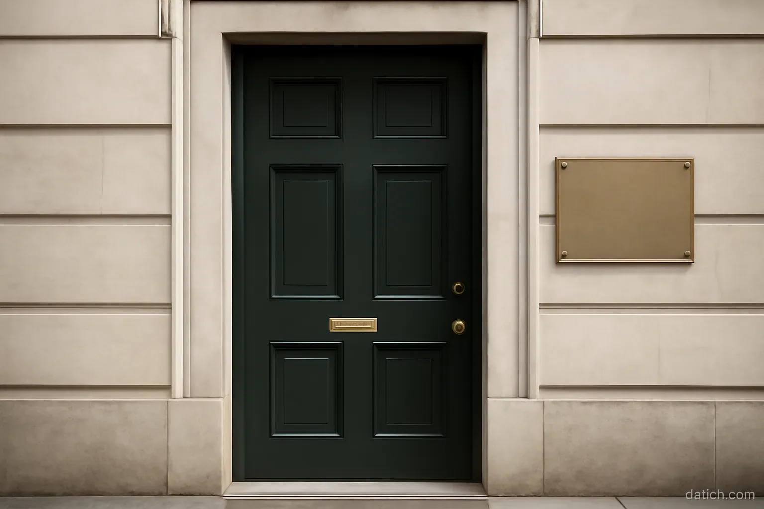 a closed embassy-style door seen from the street with a blank brass plate beside it