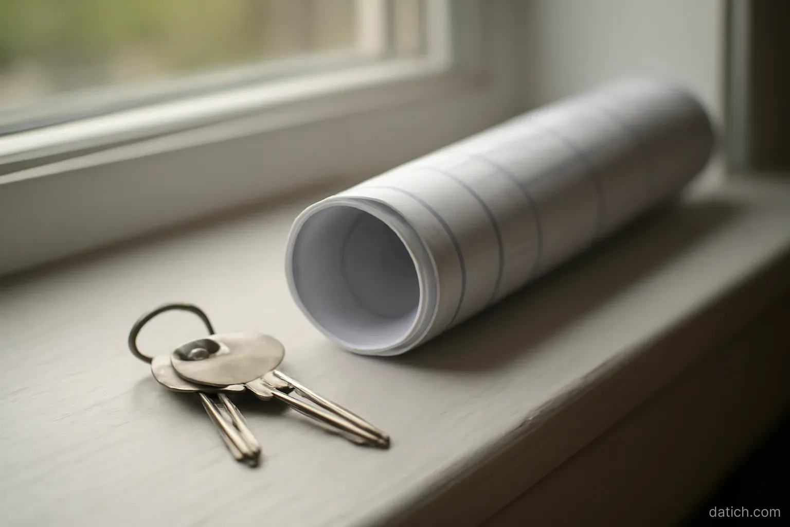a set of house keys and a rolled land survey drawing resting on a windowsill in daylight