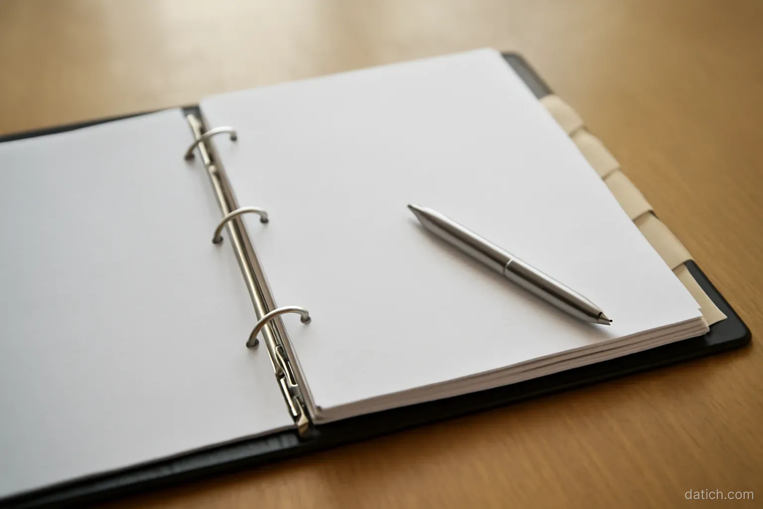 a labelled ring binder open on a table with neat dividers and a pen laid across one page