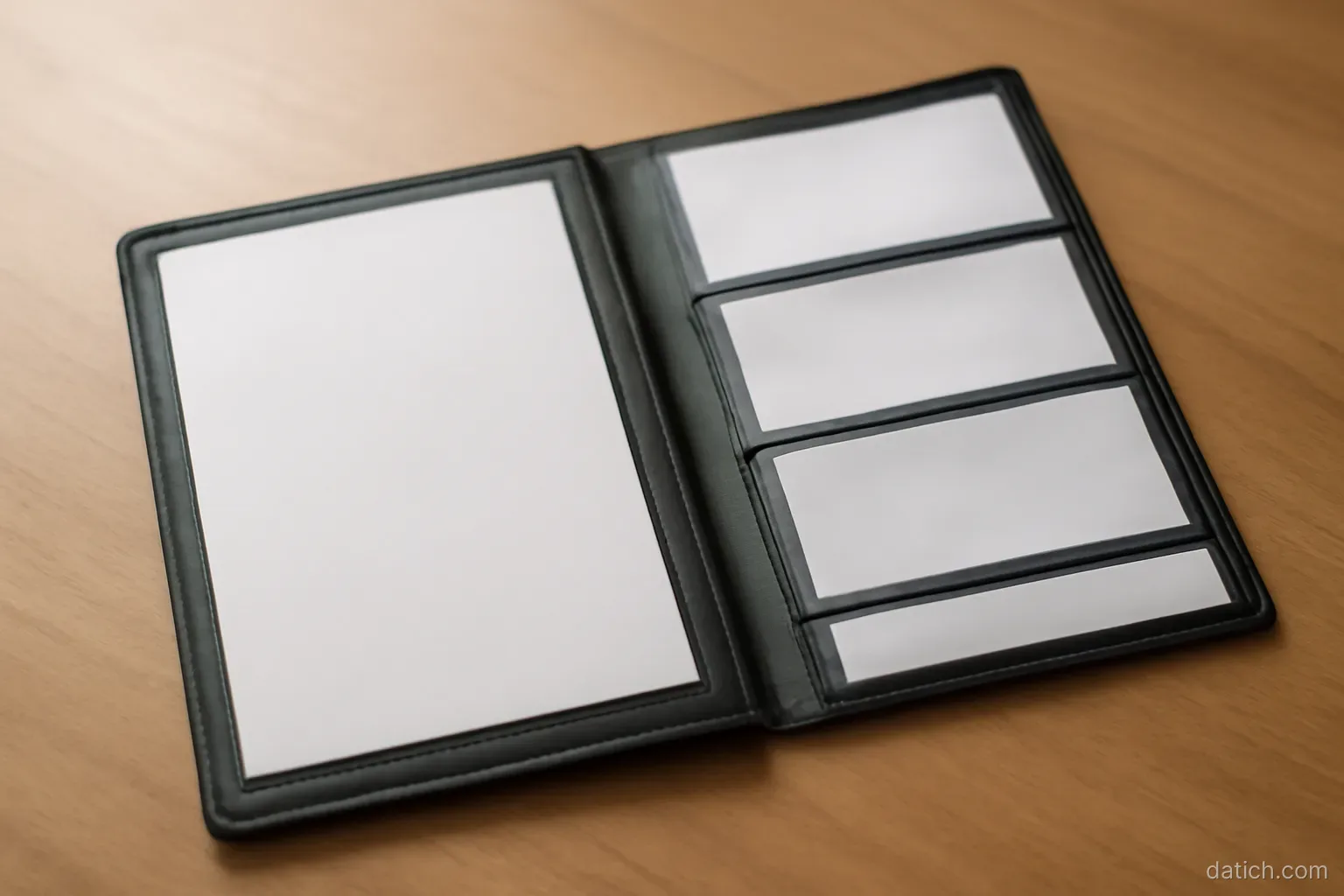 a document wallet with four labelled compartments lying open on a table