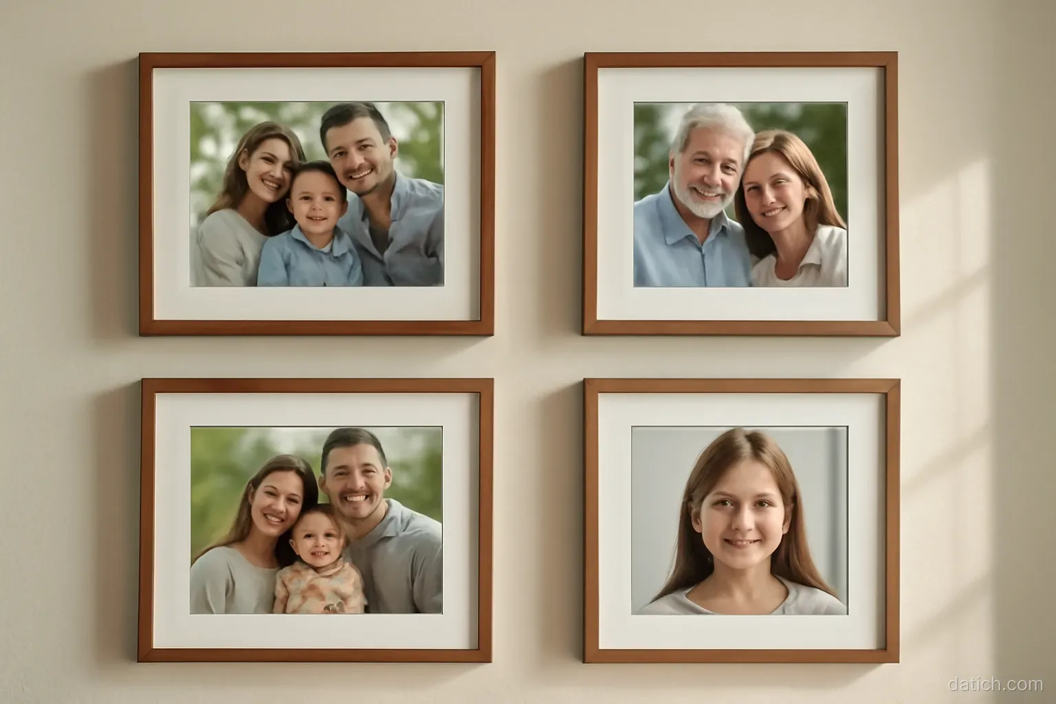 four framed family photographs of different sizes arranged in a grid on a plain wall