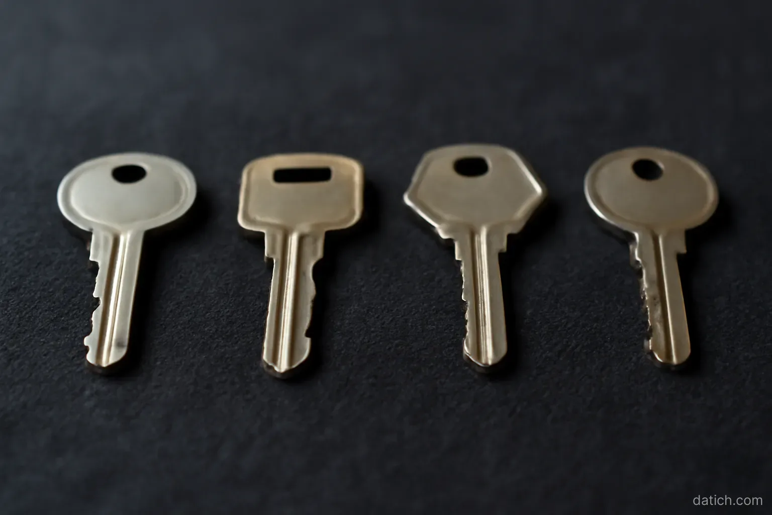 four keys of different shapes laid out in a row on a dark cloth