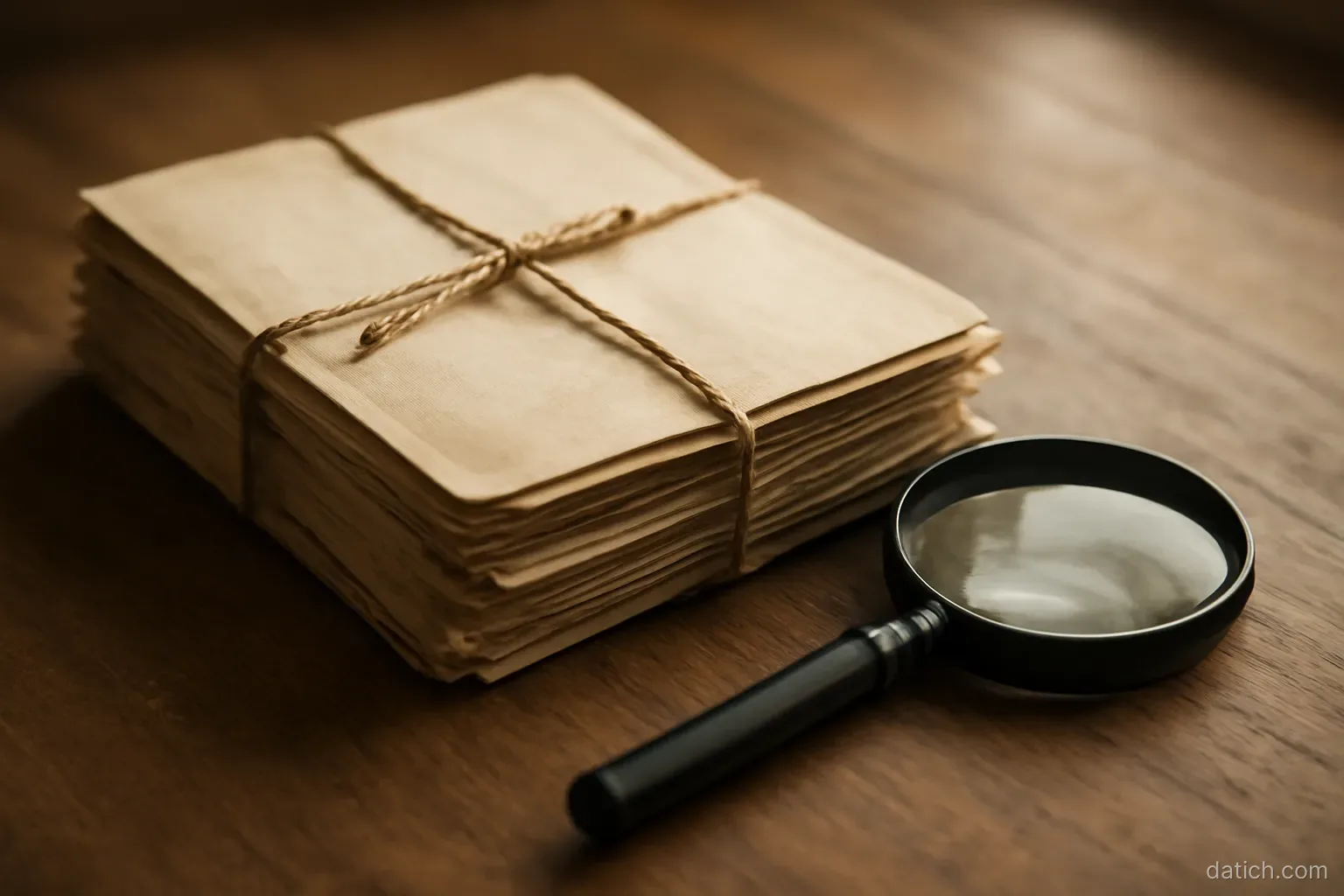 a stack of aged paper documents tied with string beside a magnifying glass on a wooden desk