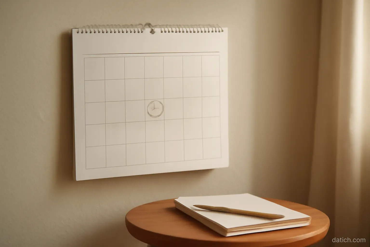 a wall calendar with one square circled in pencil hanging above a small side table