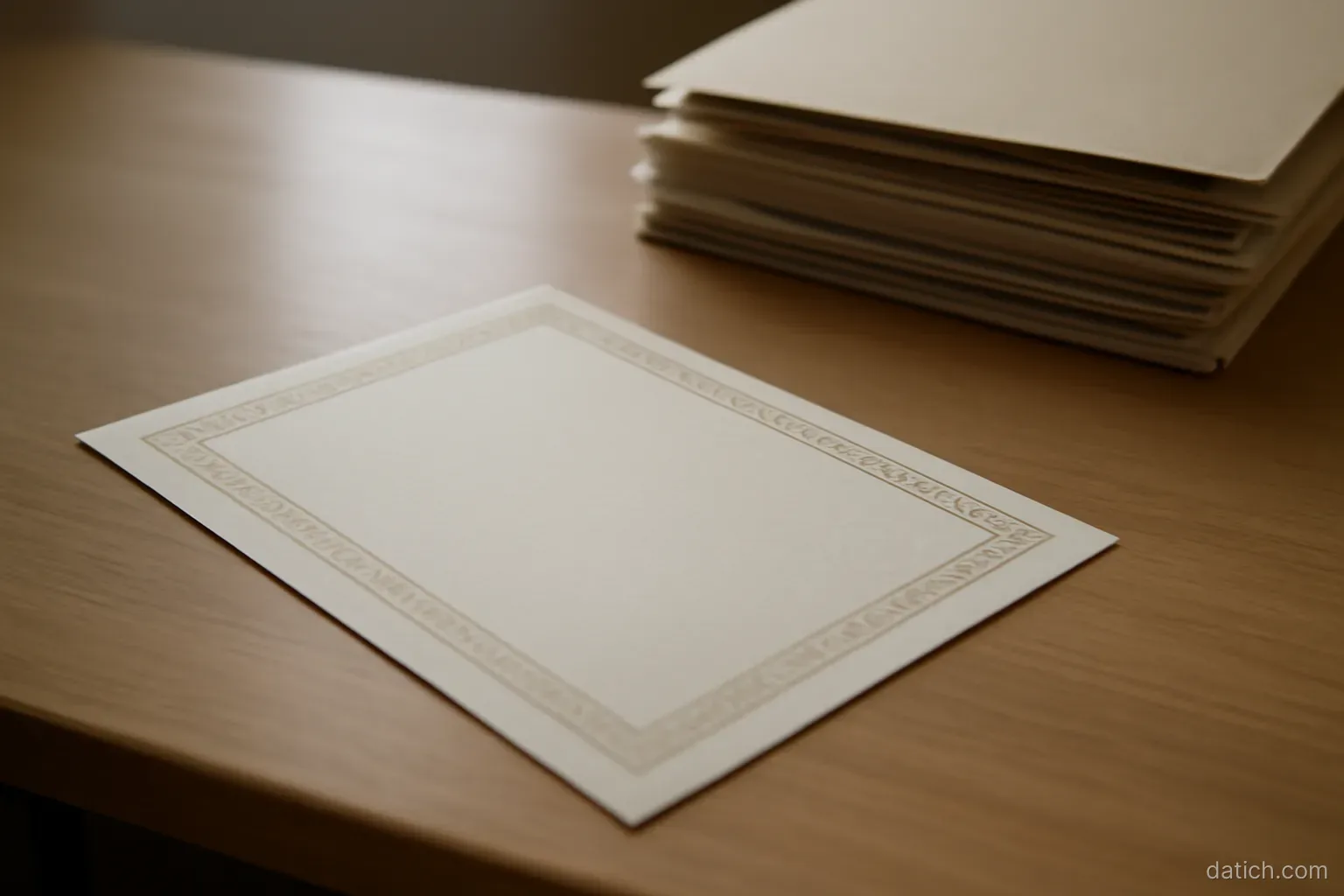 a single stamped certificate lying on a desk beside a stack of thicker folders