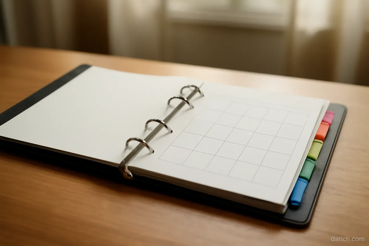 a slim binder open on a desk showing tabbed dividers and a calendar page