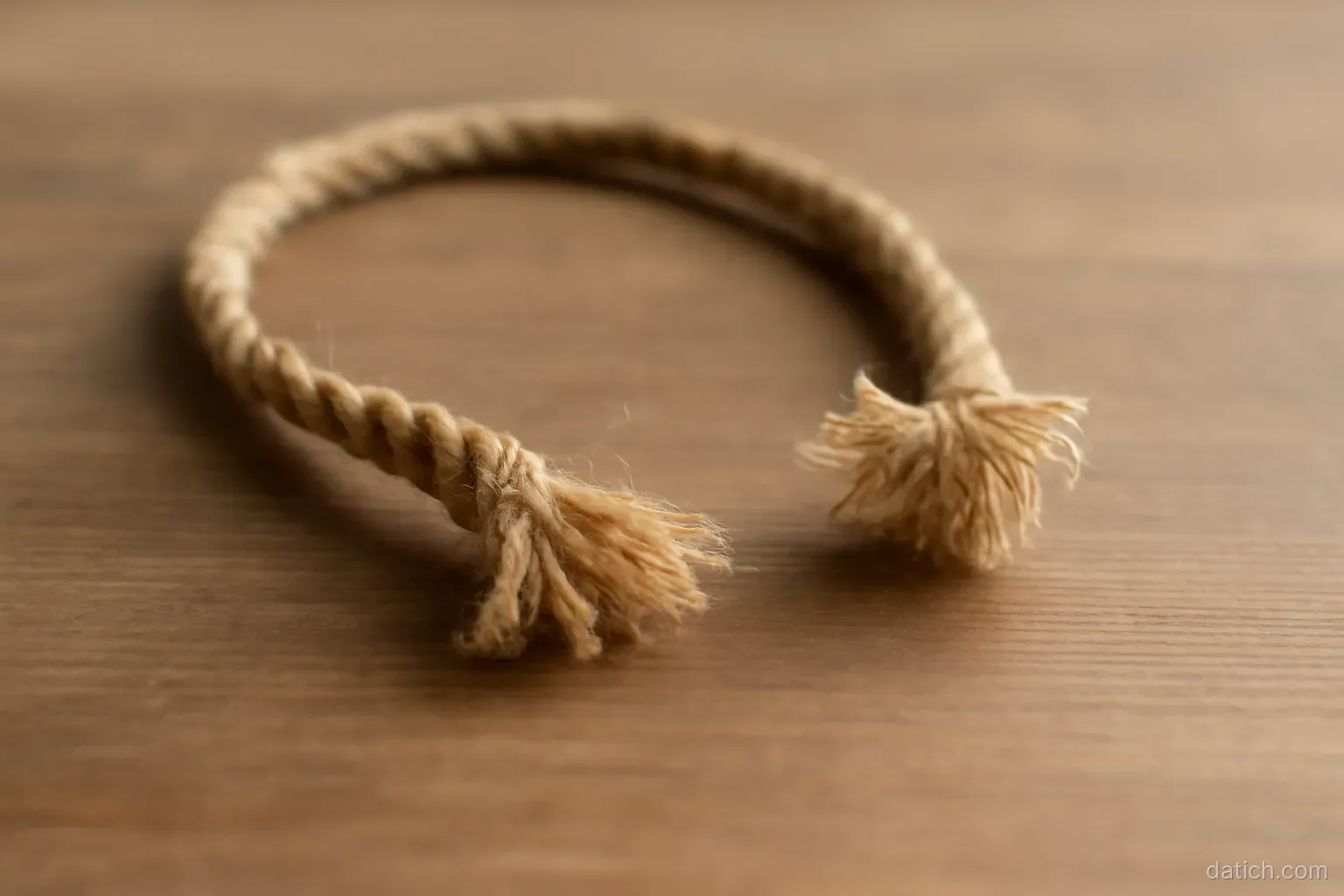 a length of rope on a table with two frayed ends lying close together but not joined