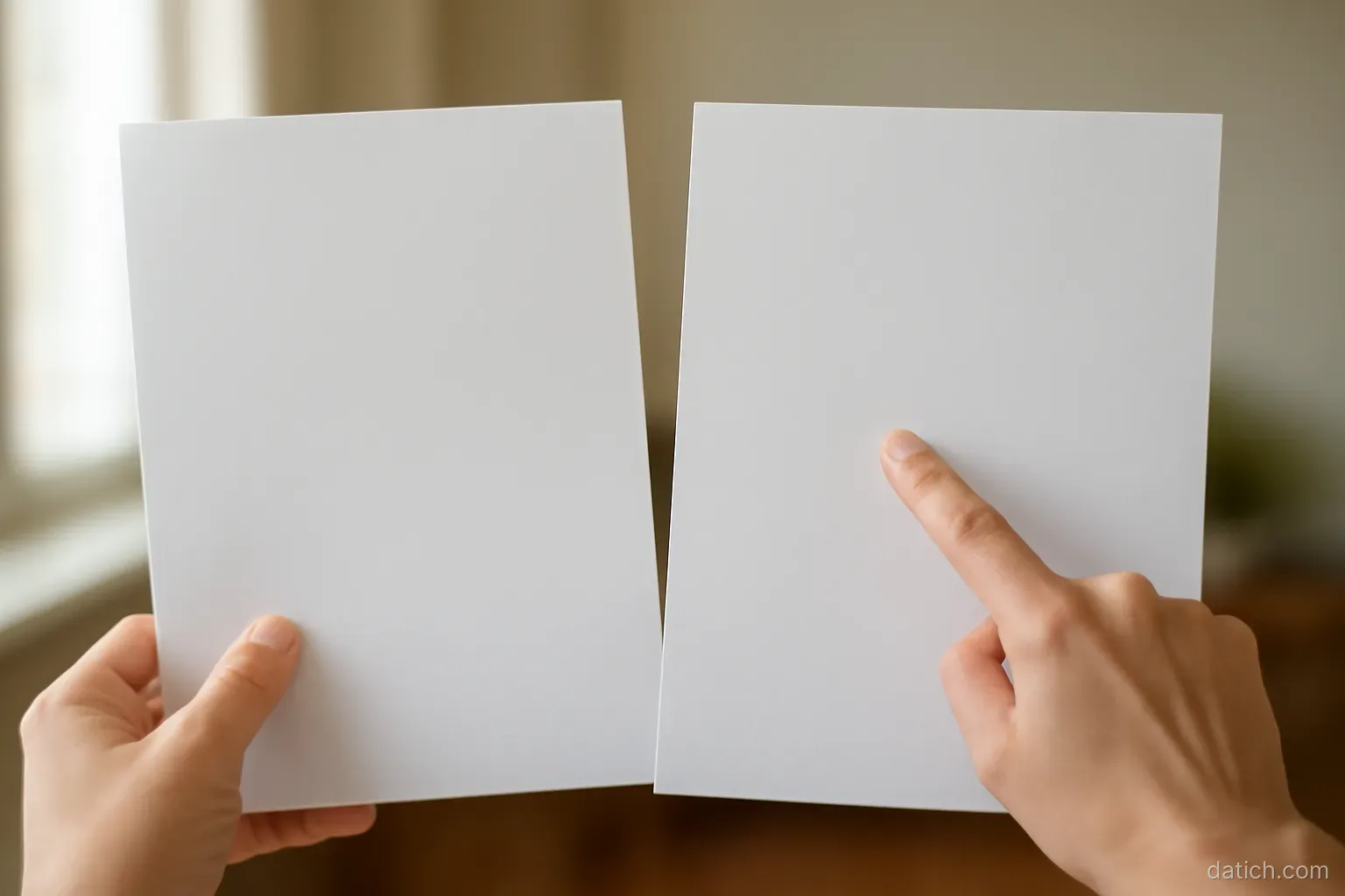 two paper documents held side by side with a finger pointing at a line on each