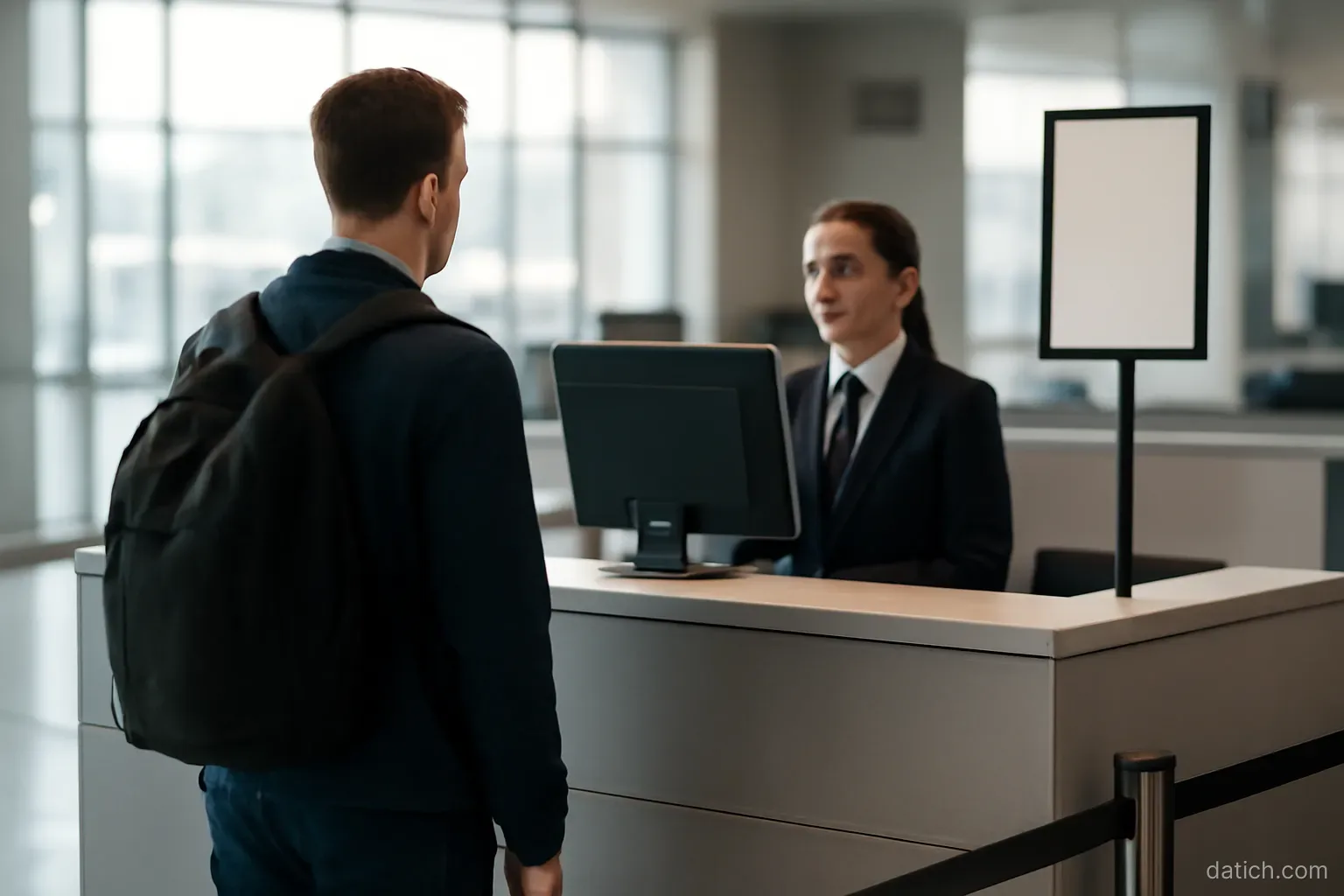 a passport control counter at an airport with a low partition and one person waiting behind the line