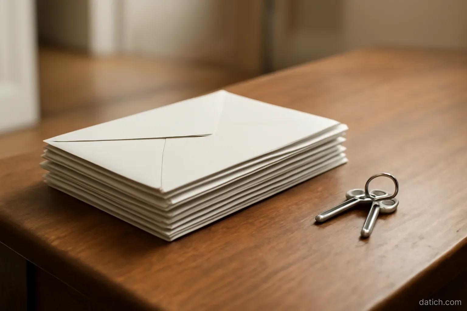 a pile of unopened official letters on a hallway table beside a set of keys