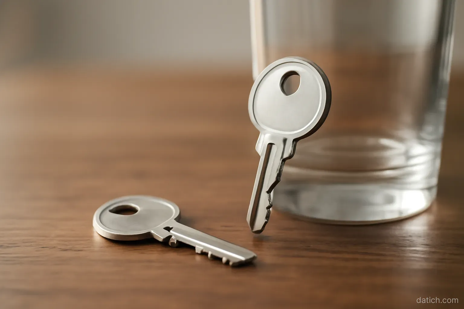 two keys on a wooden table, one lying flat and one standing upright against a glass