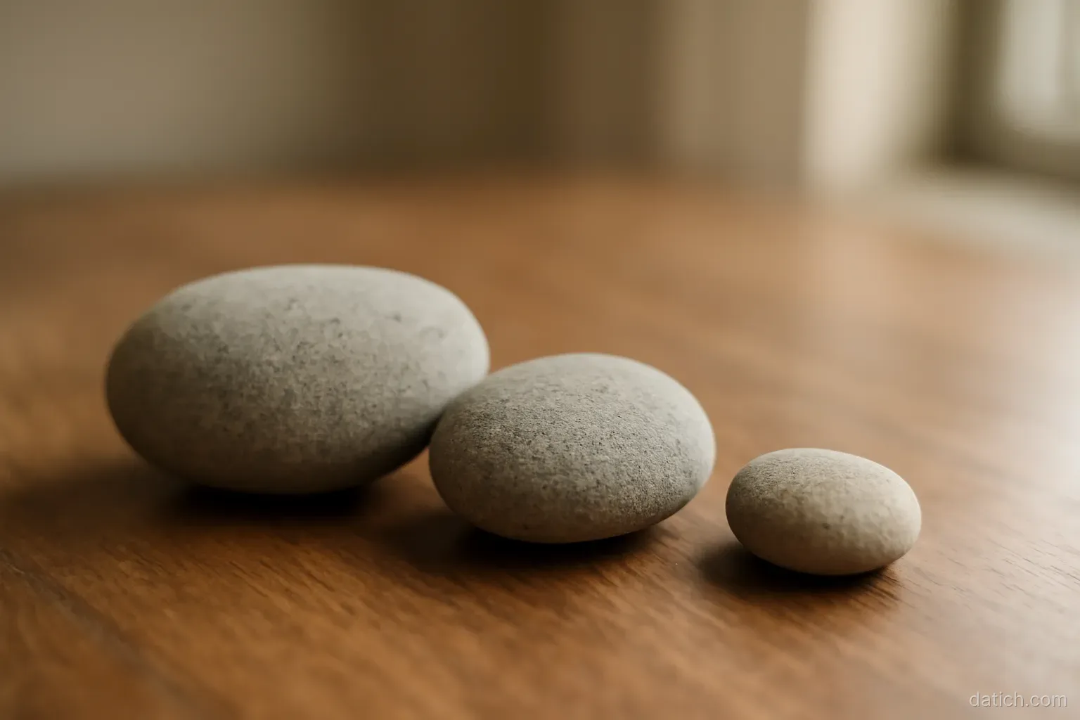 three stones of different sizes on a table with one set slightly away from the other two