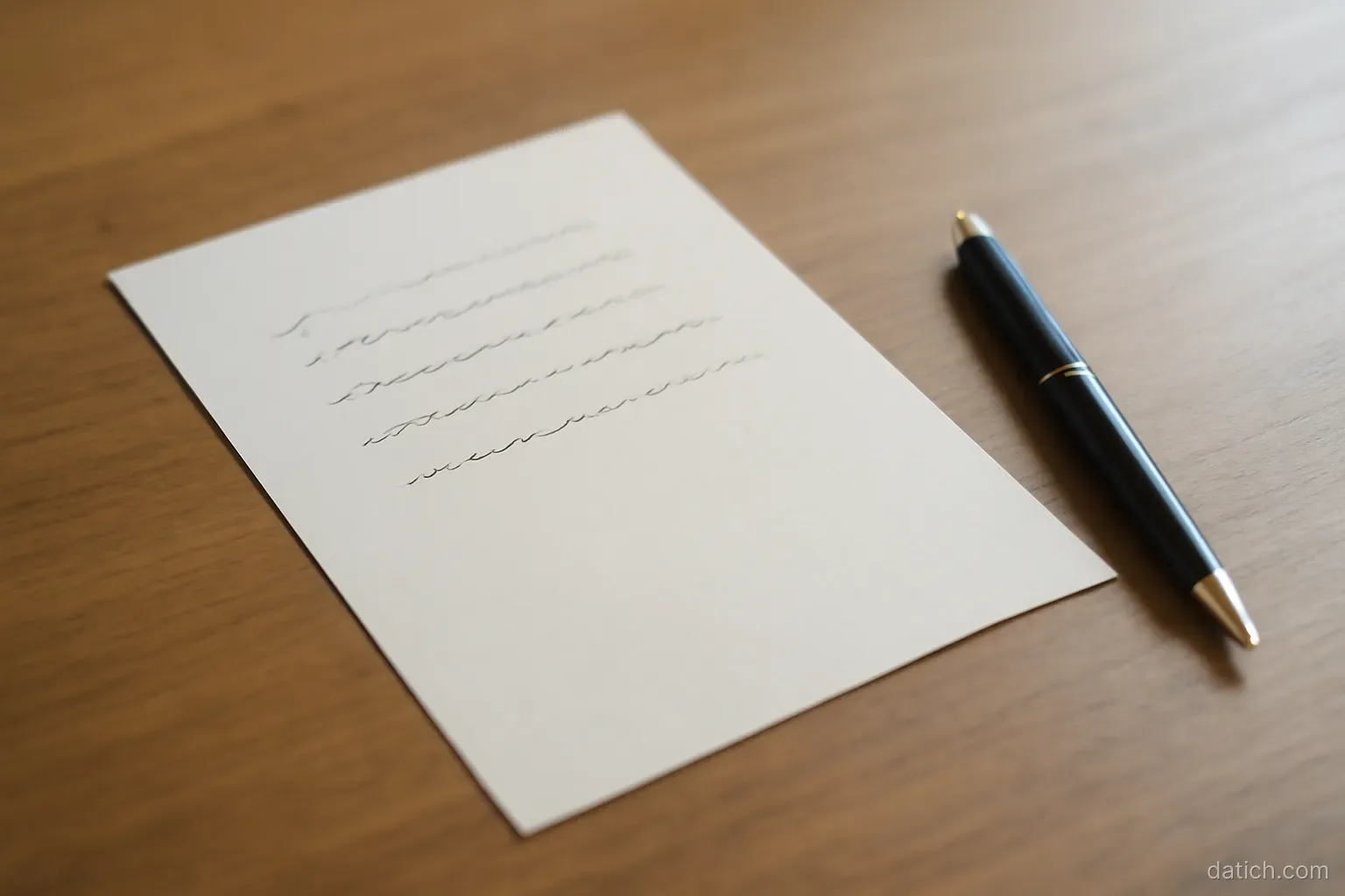 a single sheet of paper on a desk with six short handwritten lines and a pen beside it