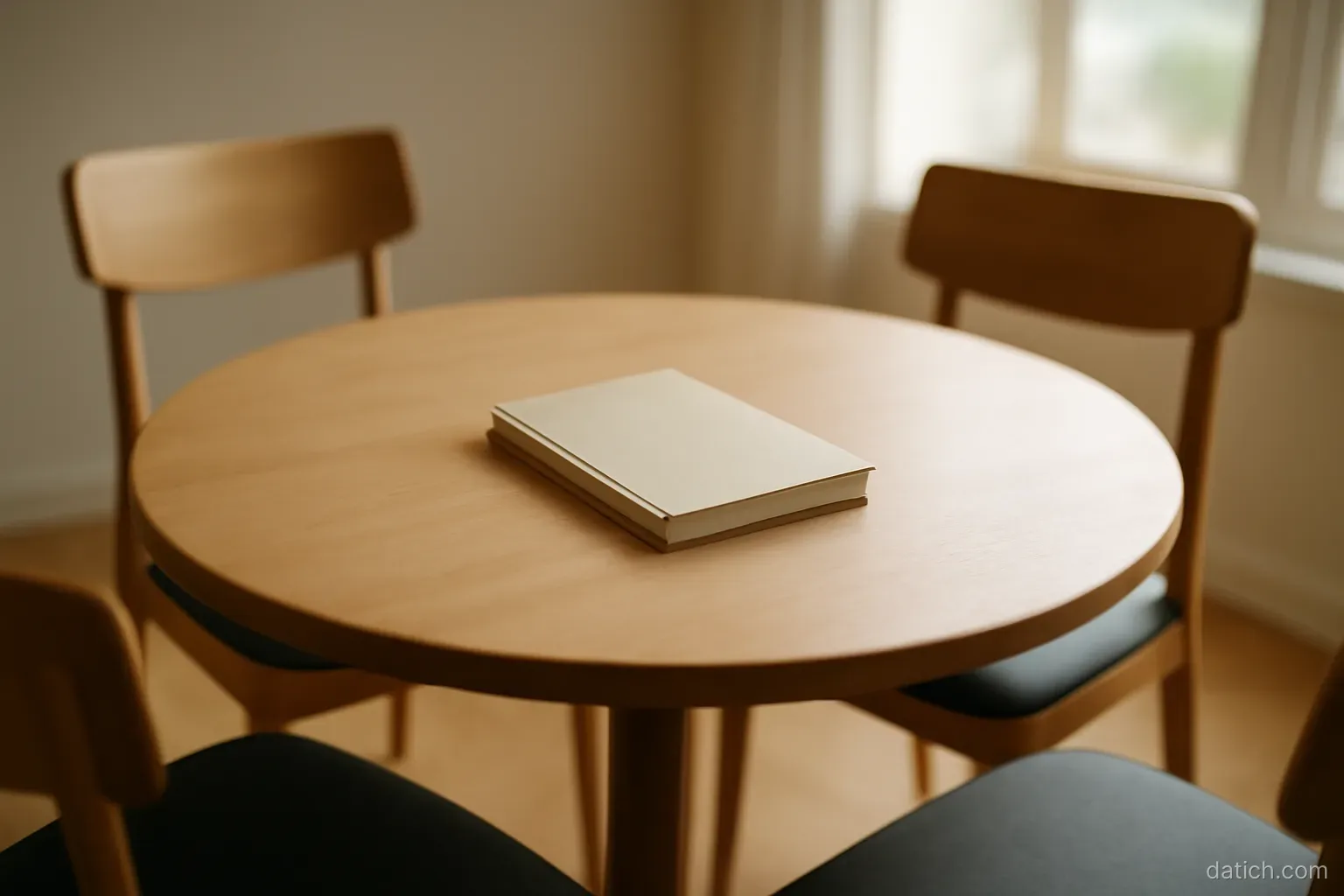 a round table with three chairs and one notebook placed at the centre