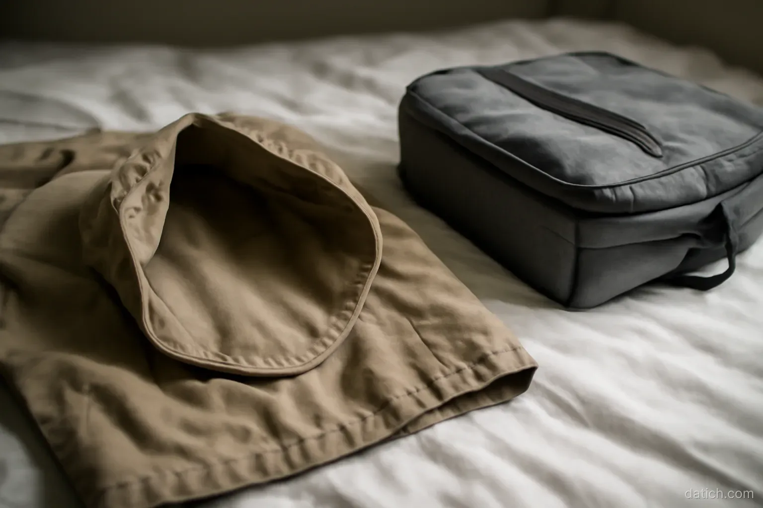 an open empty jacket pocket turned inside out beside a folded travel bag on a bed