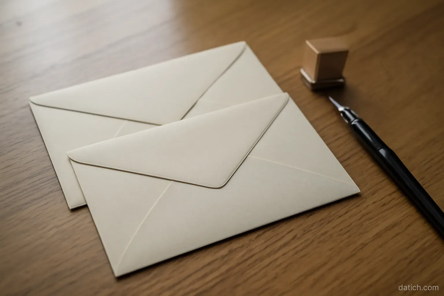 two sealed envelopes lying side by side on a desk beside a fountain pen and a small stamp