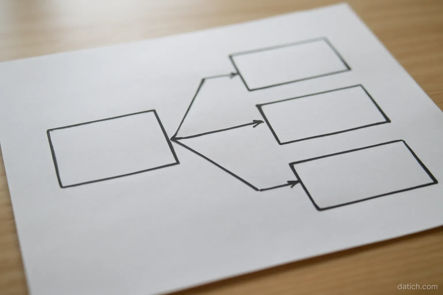 a simple flow diagram on paper with one box at the left and three boxes branching right