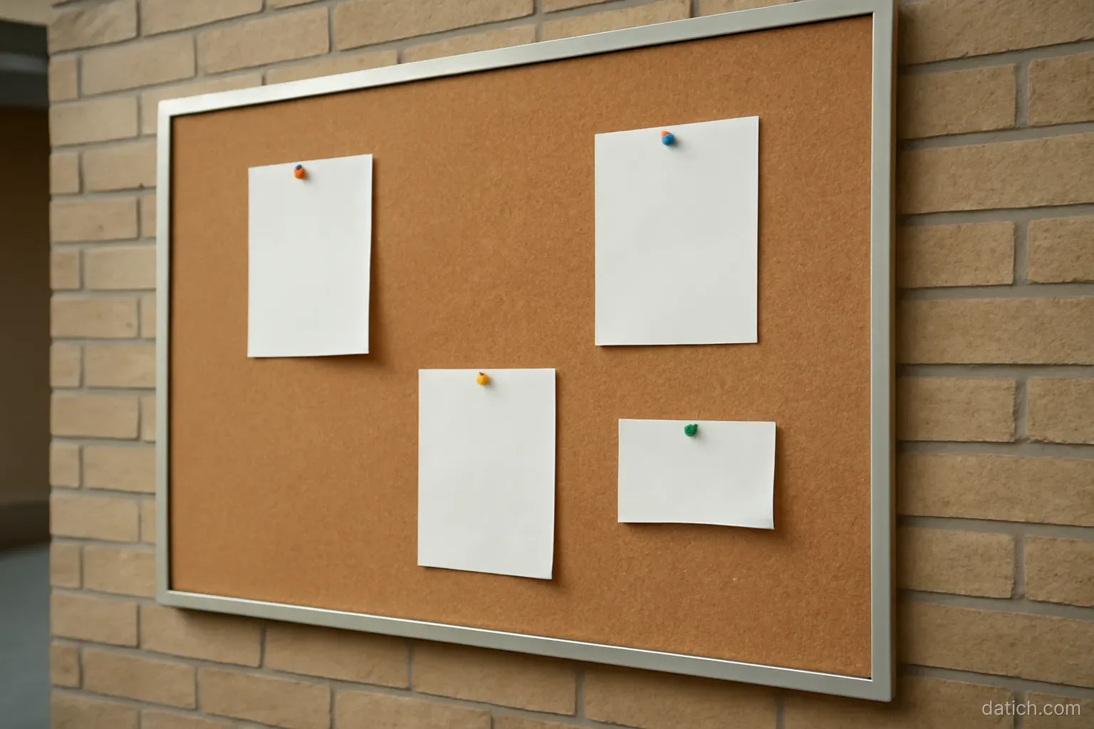 a plain bulletin board on a public building wall with a few notices pinned to it