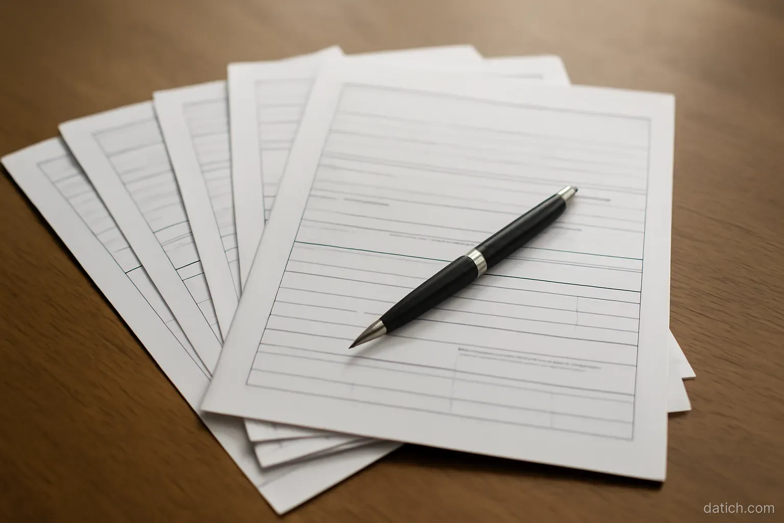 several official forms fanned out on a desk with a pen lying across them