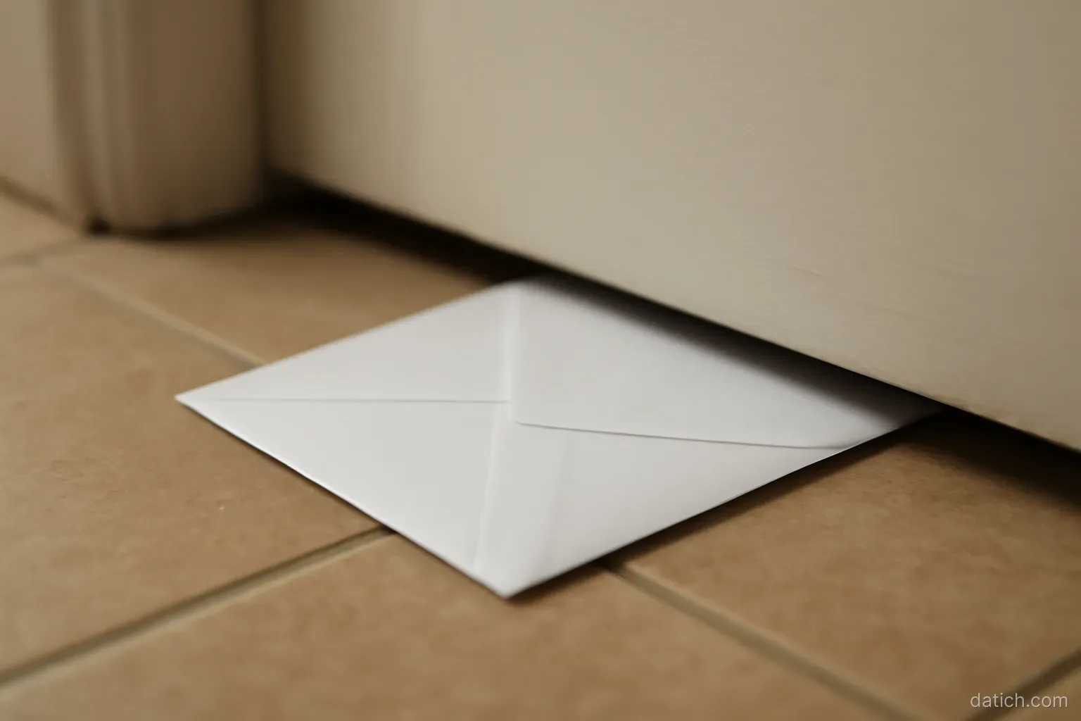 an unopened letter partly slid under a closed door on a tiled floor