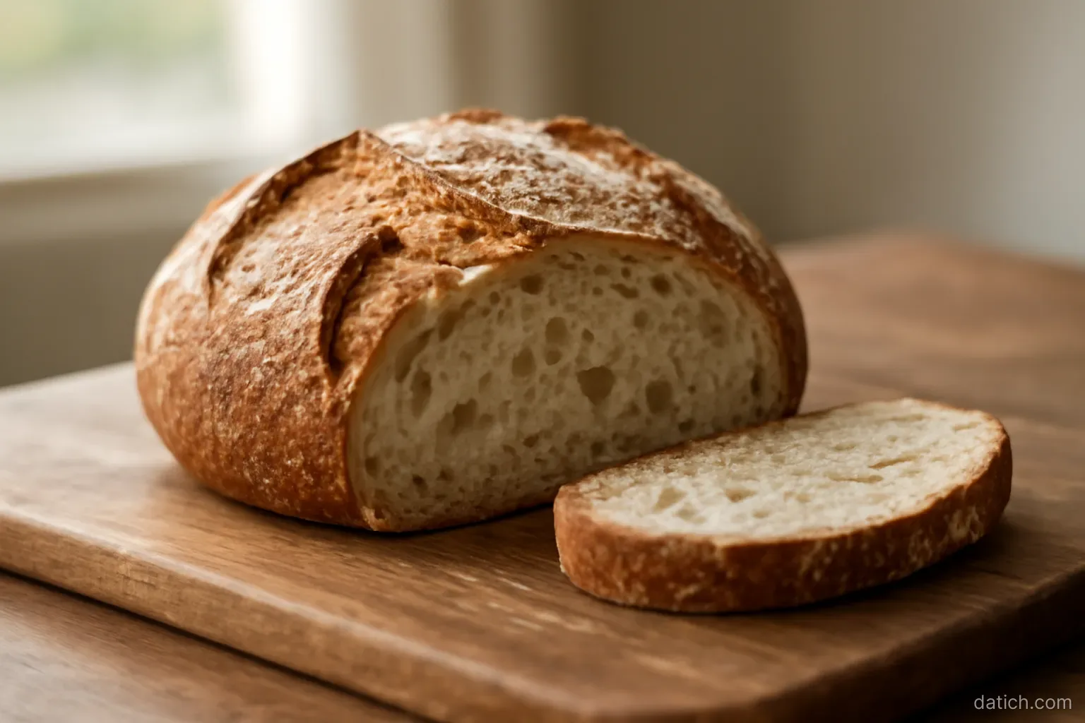 a round loaf of bread on a board with one slice already cut and set slightly apart