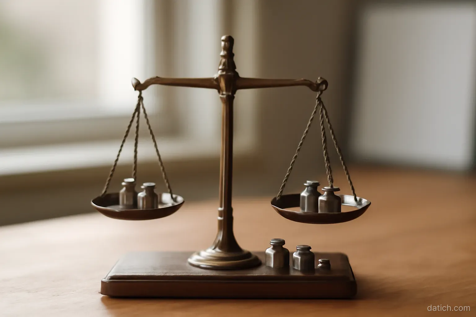 a balance scale on a desk with several small metal weights placed unevenly on both trays