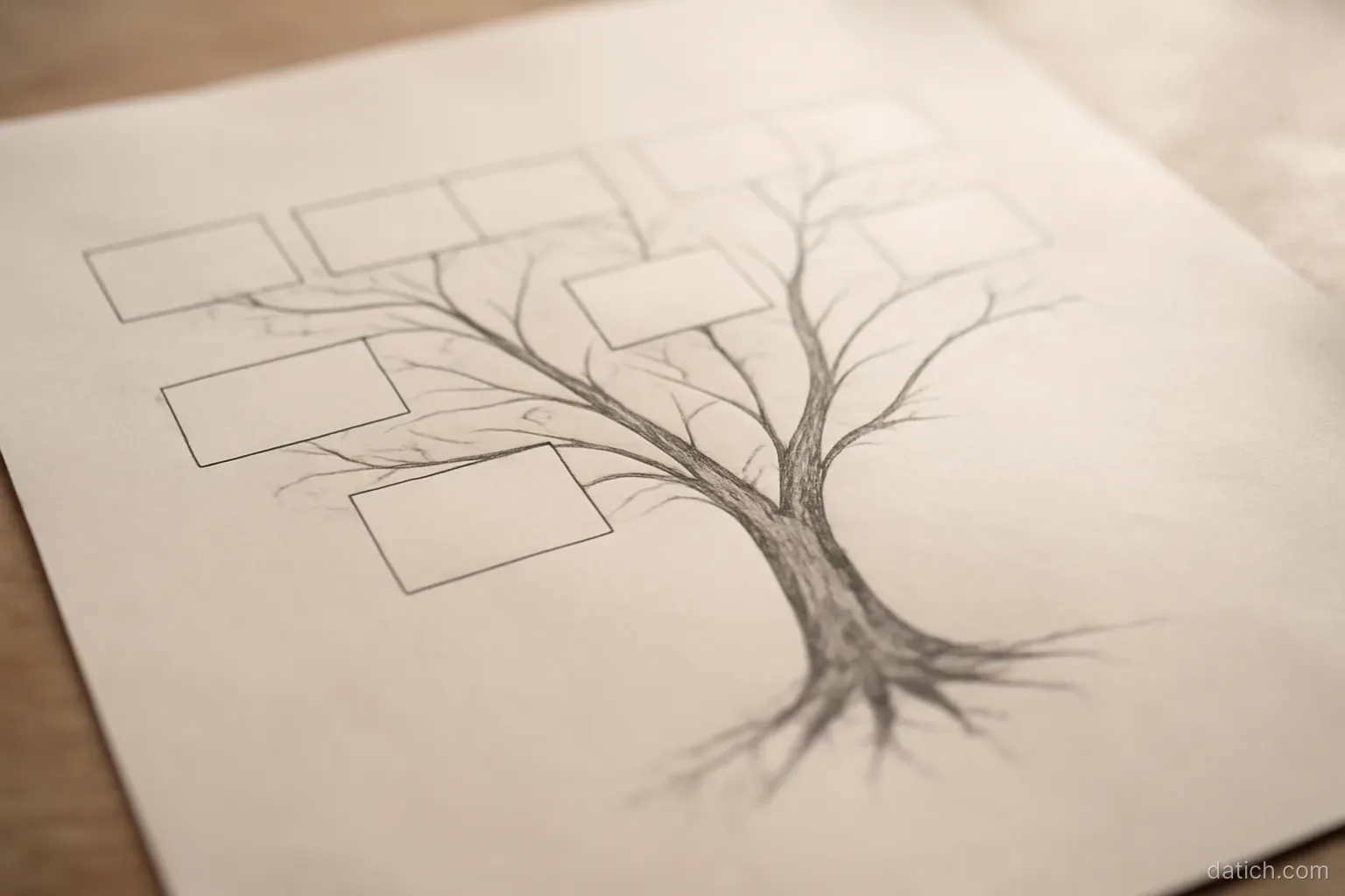a hand-drawn family tree on paper where several branches end in faint pencil lines