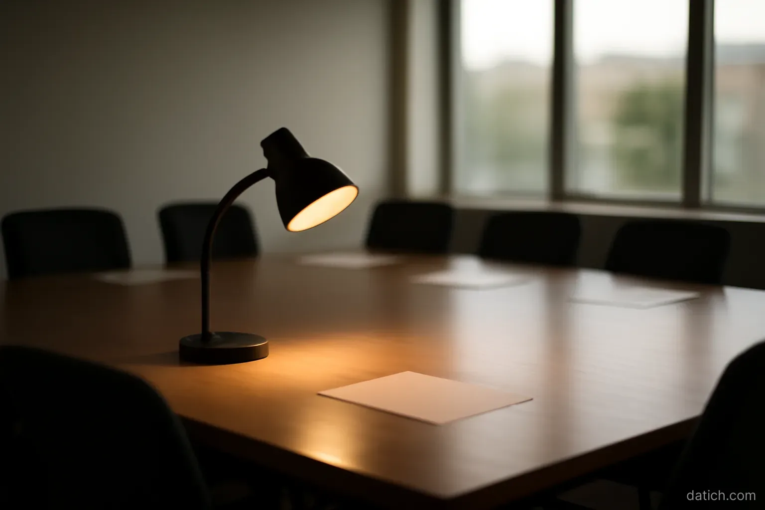 a single desk lamp lighting one corner of a large empty meeting table