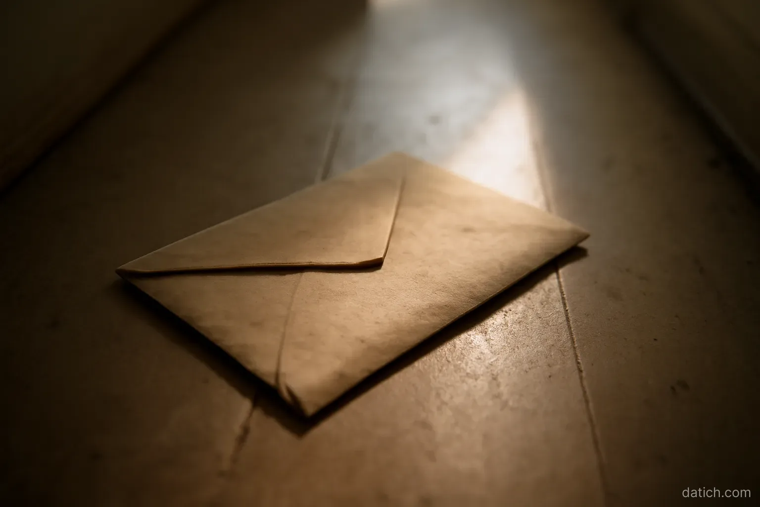 a dusty unopened envelope resting on a hallway floor beneath a narrow strip of daylight