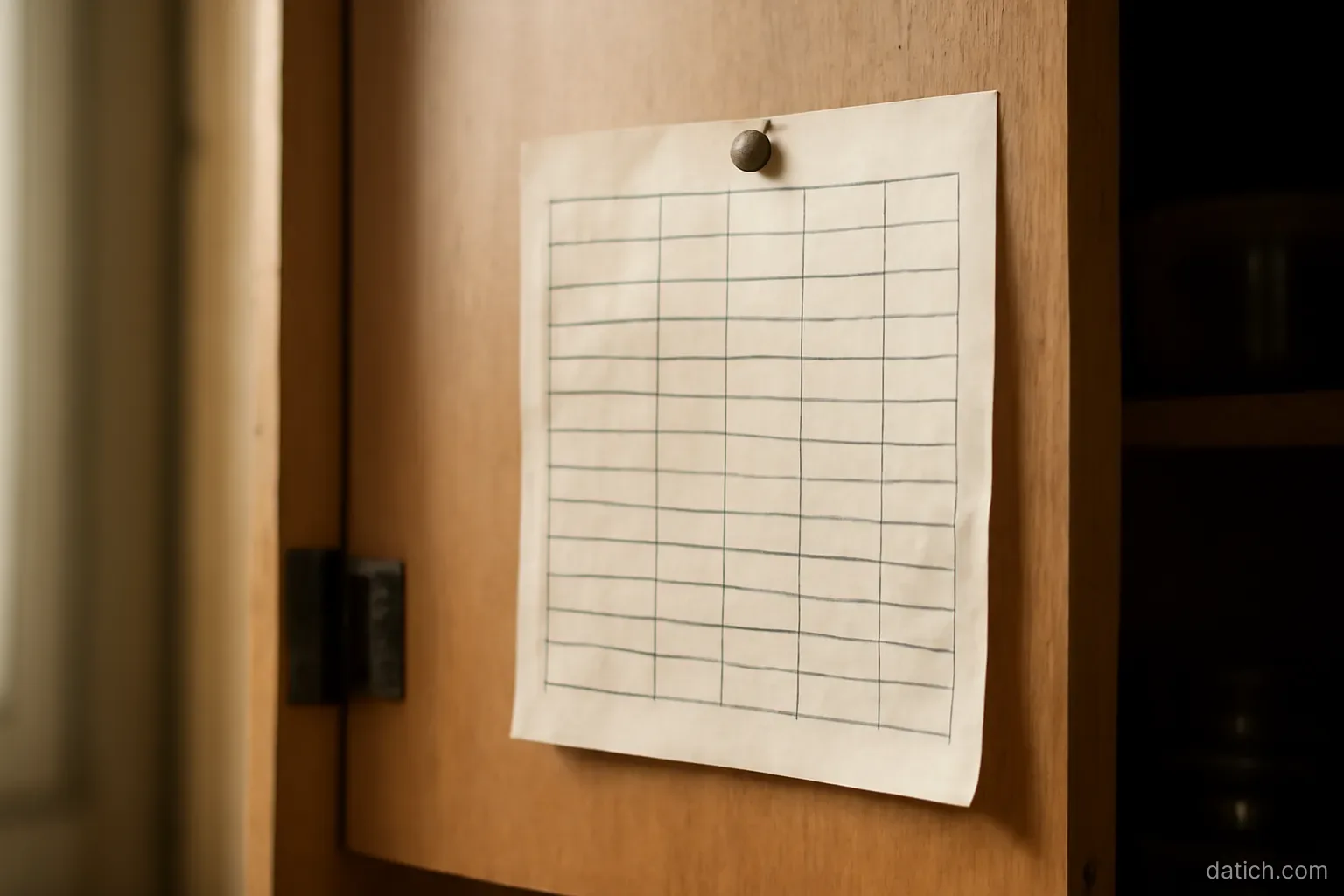 a handwritten table pinned inside a cupboard door with rows of short entries