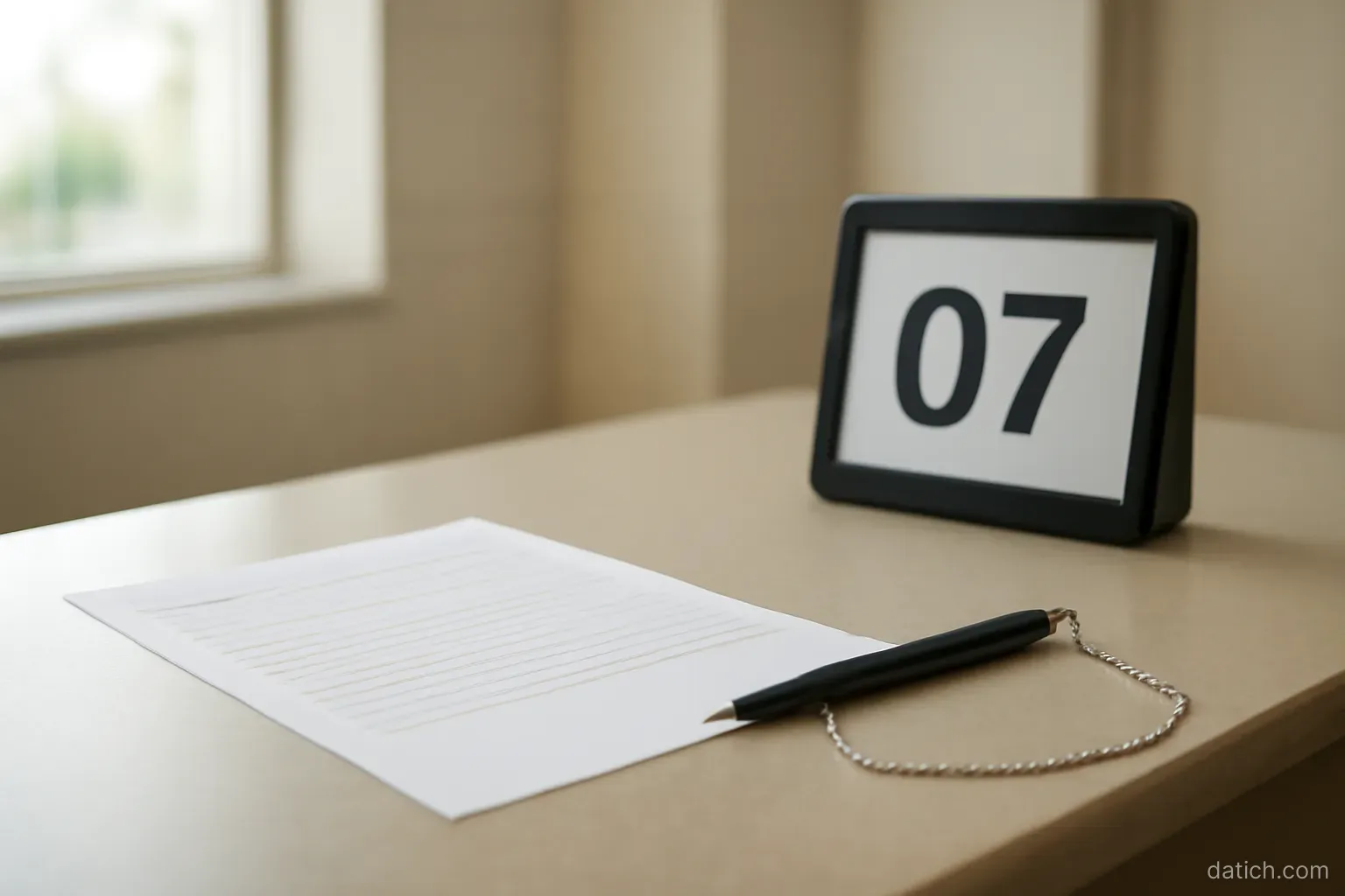 a single form on a counter with a pen chained beside it and a queue number display nearby