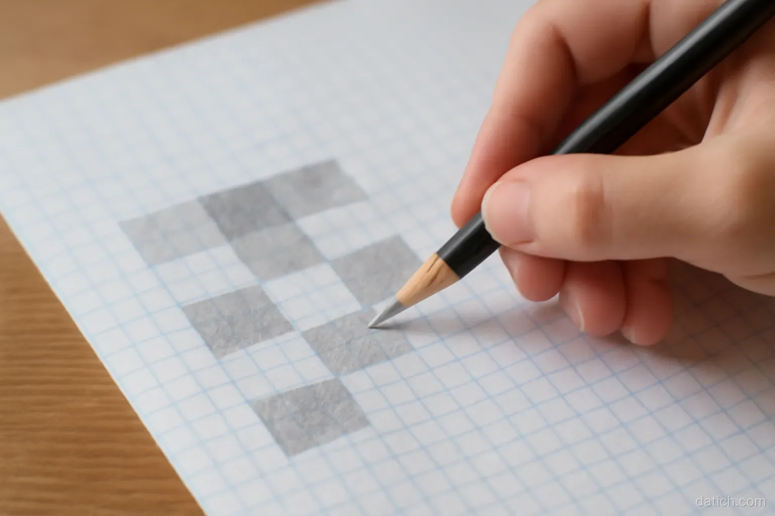 a hand drawn grid on graph paper with several cells filled in pencil