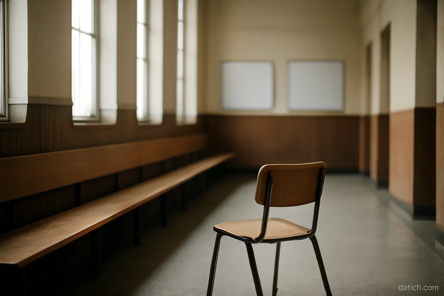 an empty chair facing a long wooden bench in a quiet institutional hall with tall windows