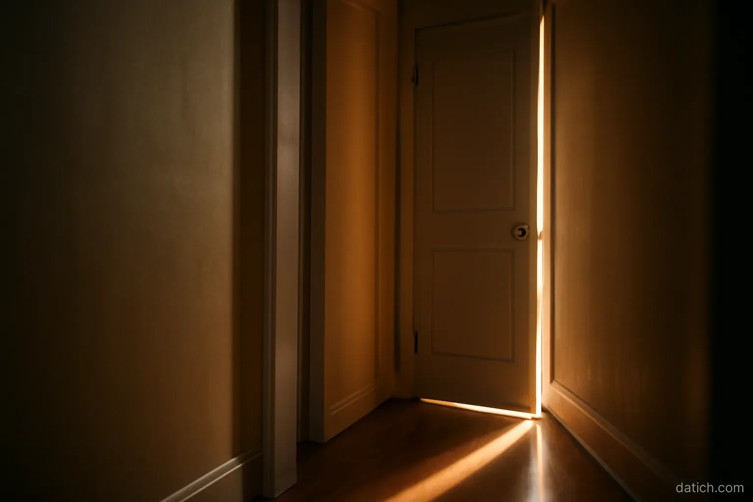 a doorway partly ajar at the end of a hallway with afternoon light coming through the gap