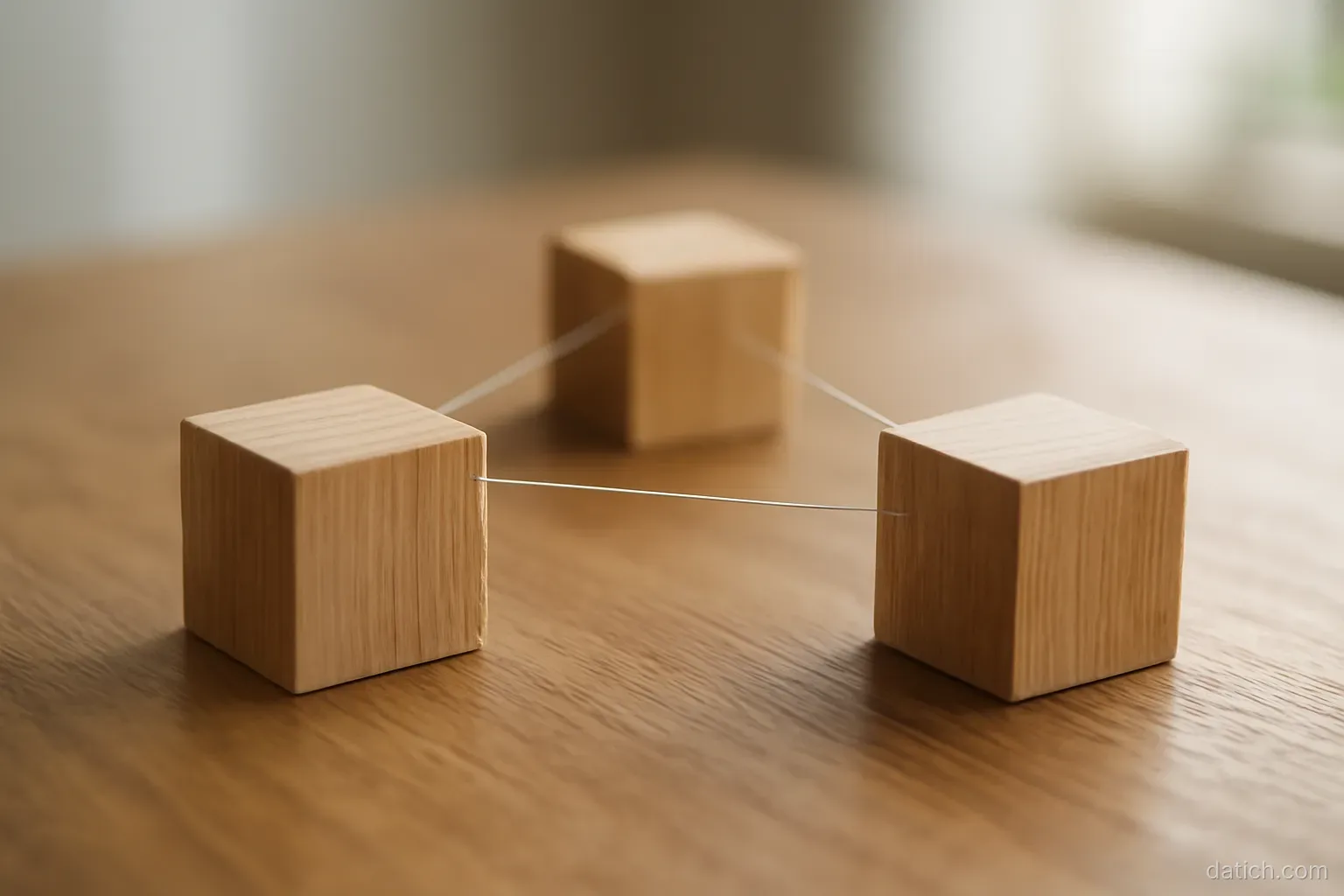 three wooden blocks on a table with thin threads connecting each one to the others