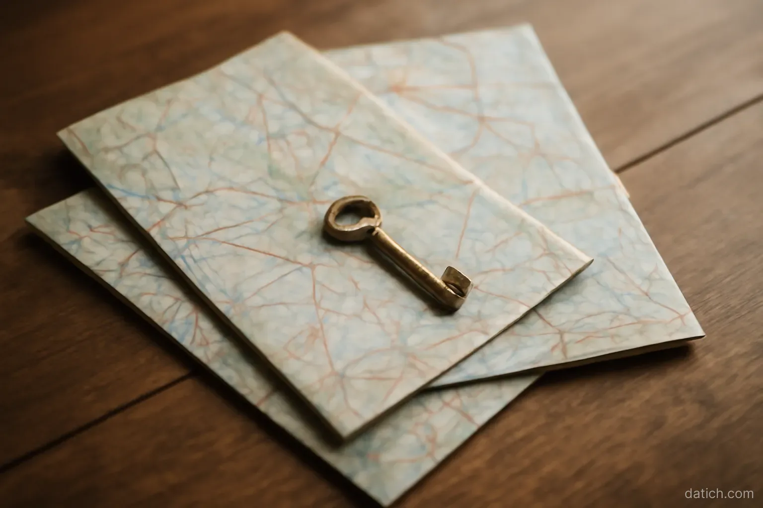 three folded paper maps overlapping on a wooden table with a small brass key resting on top